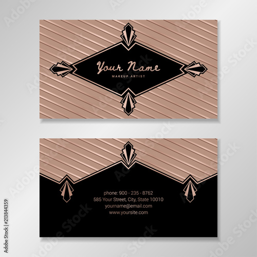 Vector business card template with rose gold diagonal striped background, art deco elements, geometric frames.