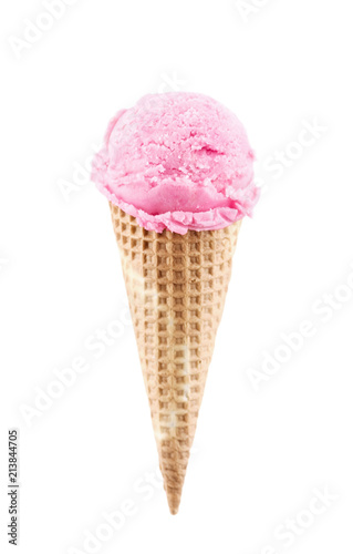 Strawberry ice cream scoop with cone isolated on white background