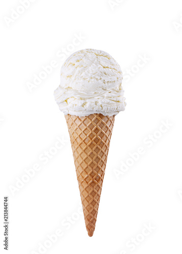 Vanilla ice cream scoop with cone isolated on white background