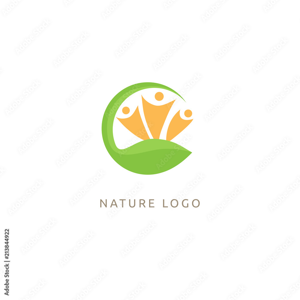 Logo concept of man and leaf. Environmental protection, camp, ecology, healthy eating, Botanical Garden, park, forest, farm, agriculture vector sign.