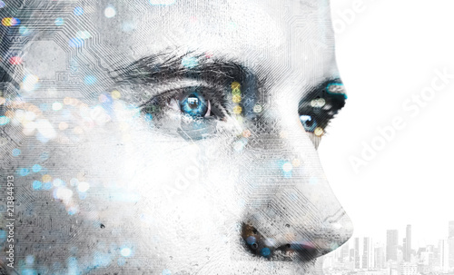 Digital transformation disruption every industry technology , artificial intelligence concept. Double exposure of male face customer and circuit board.
