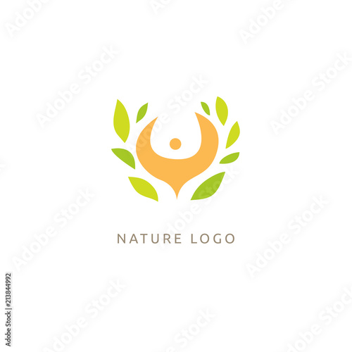 Logo concept of man and leaf. Environmental protection, camp, ecology, healthy eating, Botanical Garden, park, forest, farm, agriculture vector sign.