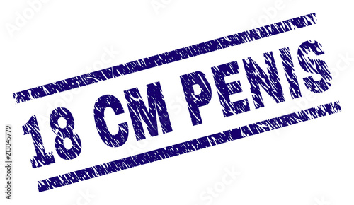 18 CM PENIS stamp seal watermark with grunge style. Blue vector rubber print of 18 CM PENIS text with dust texture. Text label is placed between parallel lines.