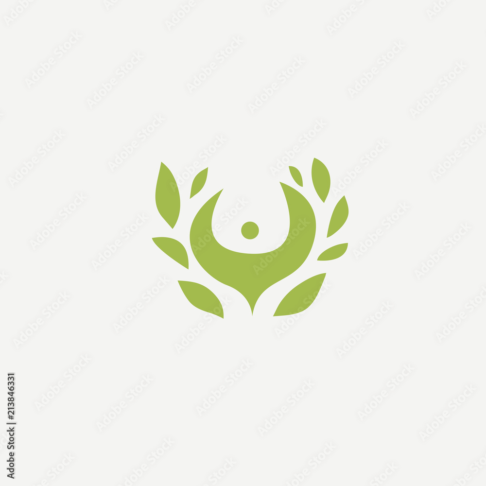 Logo concept of man and leaf. Environmental protection, camp, ecology, healthy eating, Botanical Garden, park, forest, farm, agriculture vector sign.