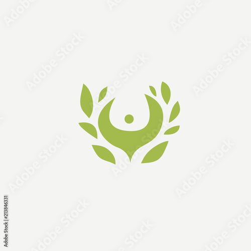 Logo concept of man and leaf. Environmental protection, camp, ecology, healthy eating, Botanical Garden, park, forest, farm, agriculture vector sign.