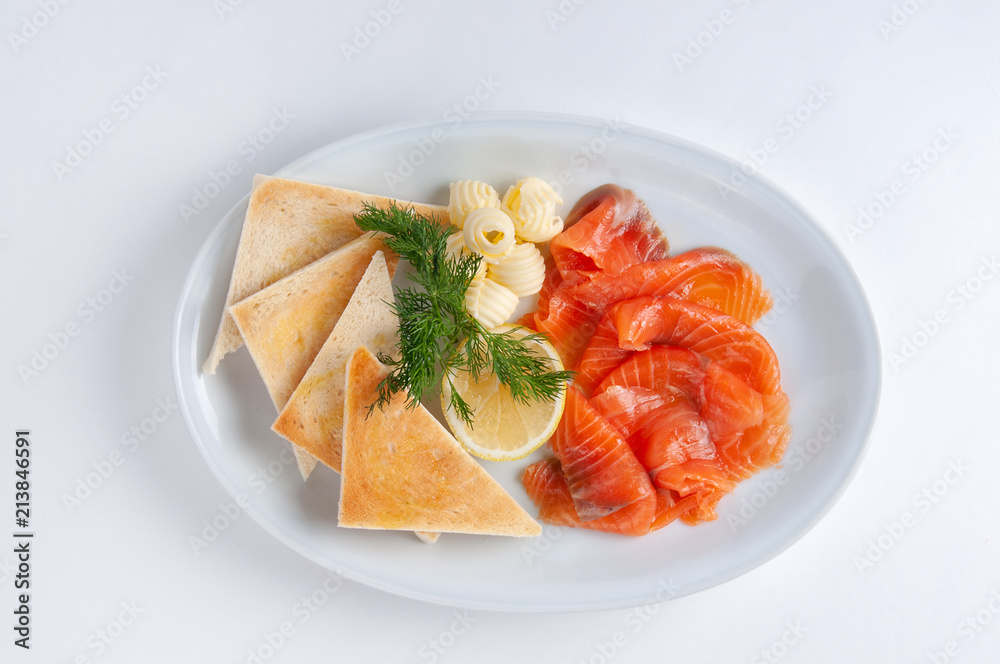Toast with Salmon Slightly Salted and Butter on White Background Toast with Salmon Slightly Salted and Butter on White Background