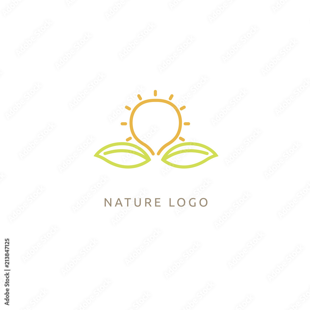 Obraz premium Travel agency logo. Icon design sun and leaf. Summer yellow sun and nature, travel logo.