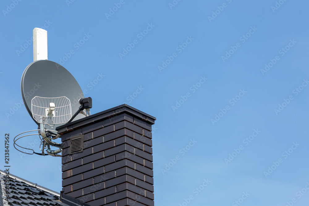 Satellite dish and tv, radio and wireless internet antenna with empty copy cpace