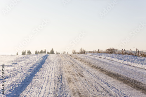 sun rise on the country roads in winter