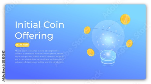 ICO. Isometric concept of Initial Coin Offering. Modern ICO hero image design
