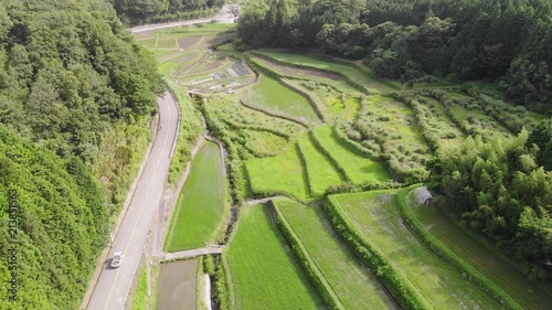 Rice fields in valley surrounded by forested mountains in rural Japan photo