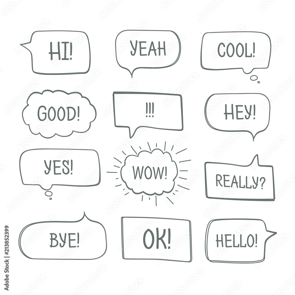 Hand drawn comic speech bubbles with message words collection.