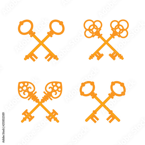 Set of crossed old vintage golden keys. flat illustration.