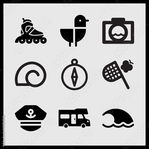 Simple 9 set of Summer related mobile home transport, wave, water camera and line roller skate vector icons