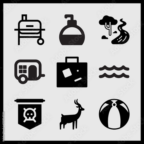 Simple 9 set of Summer related grill, river, suitcase and perfume bottle vector icons