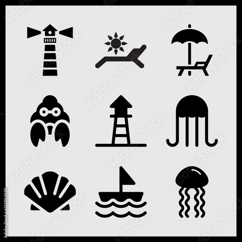 Simple 9 set of Summer related sailboat, scallop, beach umbrella and hammock and lighthouse on vector icons