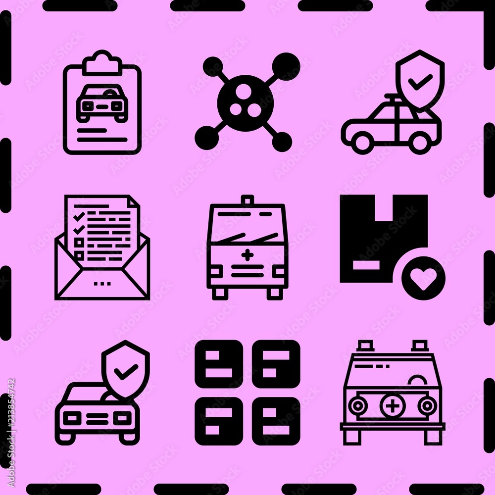 Simple 9 icon set of medicine related ambulance, insurance, virus and test vector icons. Collection Illustration