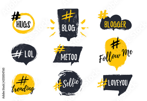 Set of bubbl banners with hashtags. trendy young slang words. Vector illustration