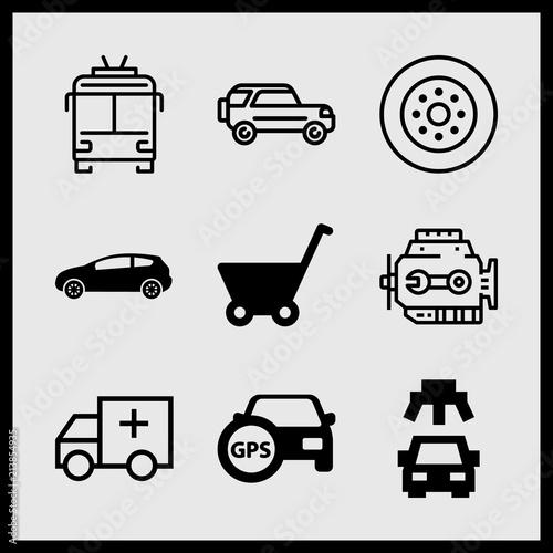 Simple 9 icon set of car related baby carriage, car with spare tire, trolleybus and truck vector icons. Collection Illustration