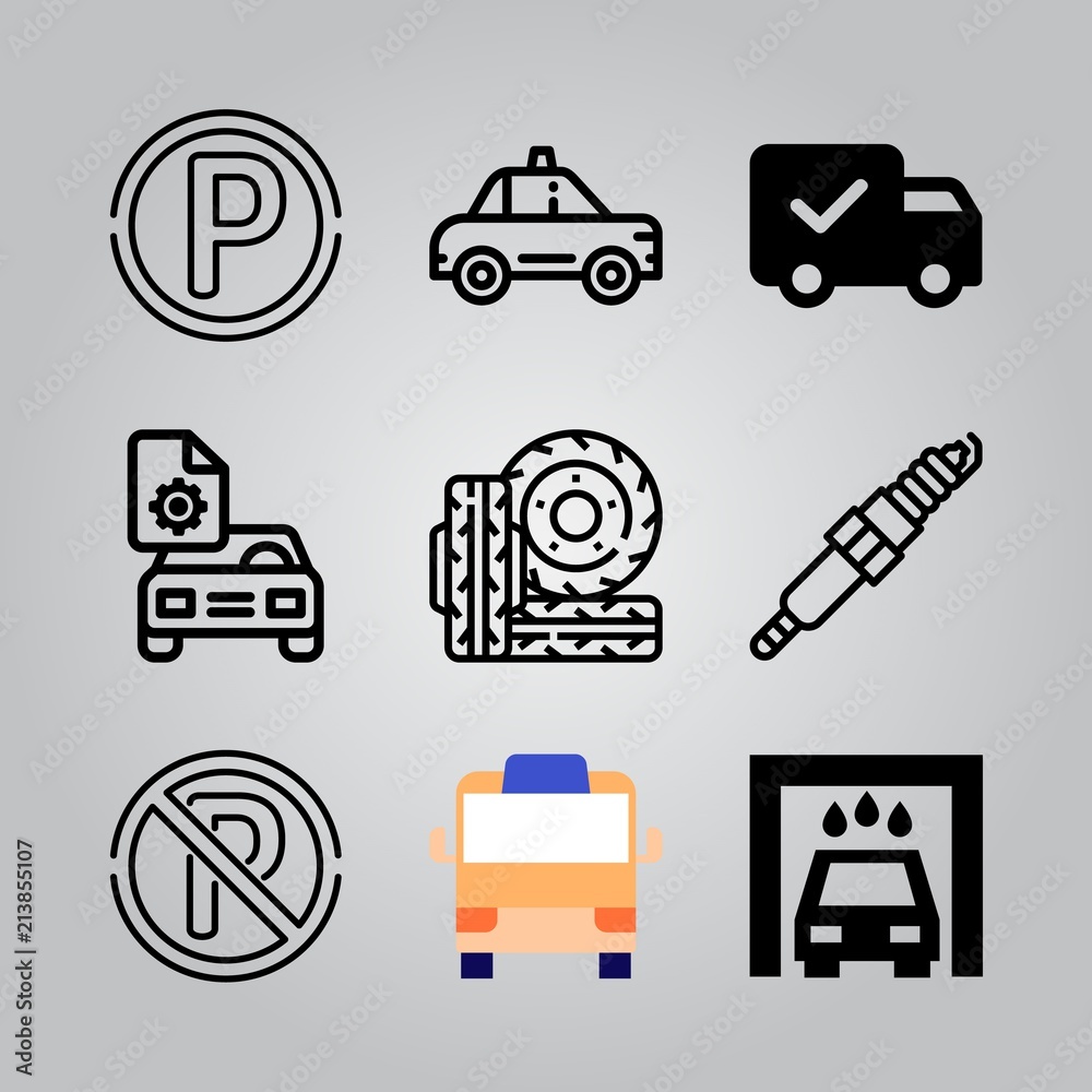 Simple 9 icon set of transport related cab, delivery truck, tire and car vector icons. Collection Illustration Simple 9 icon set of transport related cab, delivery truck, tire and car vector icons. Collection Illustration