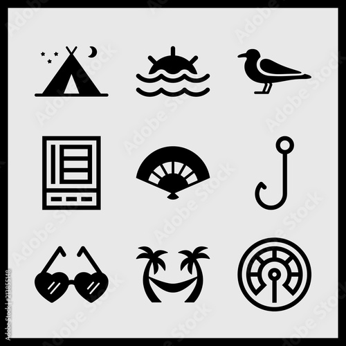 Simple 9 set of Summer related sunset, thermometer, heart shaped sunglasses and hand fan vector icons