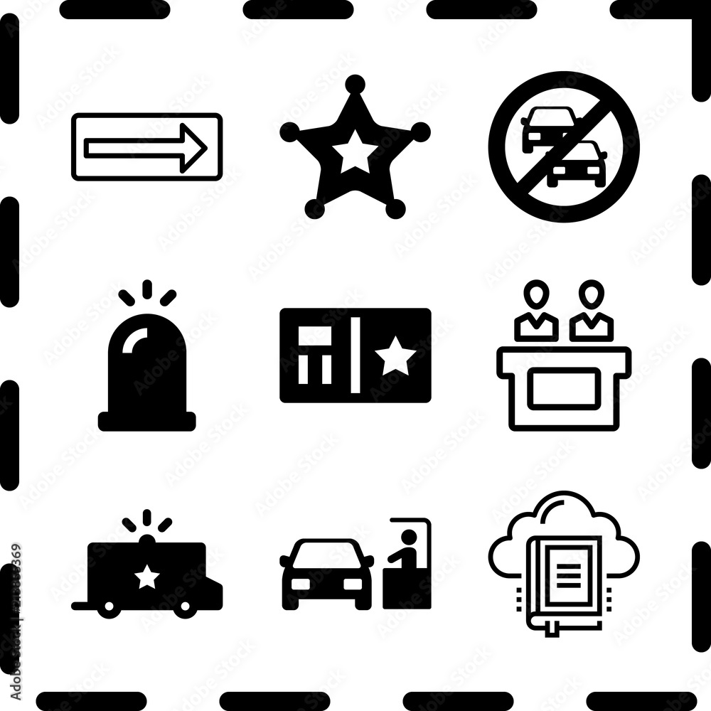 Simple 9 icon set of law related police badge, sheriff, library and no parking sign vector icons. Collection Illustration Simple 9 icon set of law related police badge, sheriff, library and no parking sign vector icons. Collection Illustration