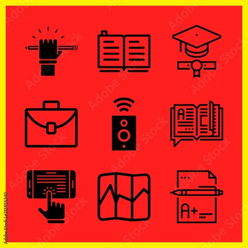 Simple 9 icon set of edication related ebook, open book, map and exam vector icons. Collection Illustration