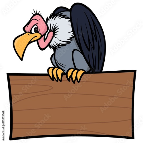 Vulture with Sign - A vector cartoon illustration of a Vulture sitting on a wood Sign. photo