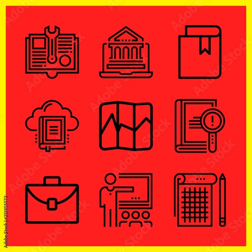 Simple 9 icon set of edication related case, notebook, online education and book vector icons. Collection Illustration