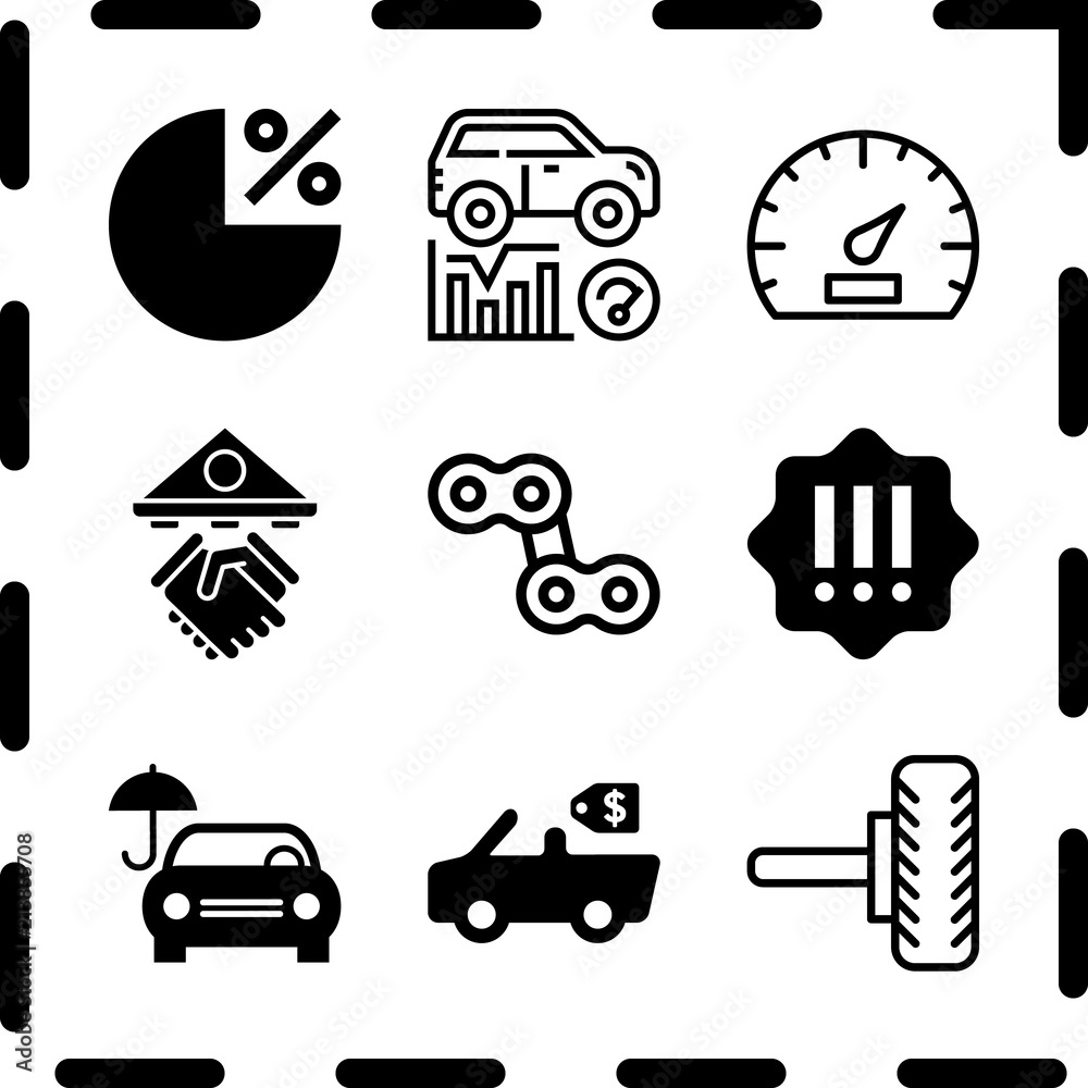 Simple 9 icon set of finance related dashboard, wheel, promotions and analytics vector icons. Collection Illustration