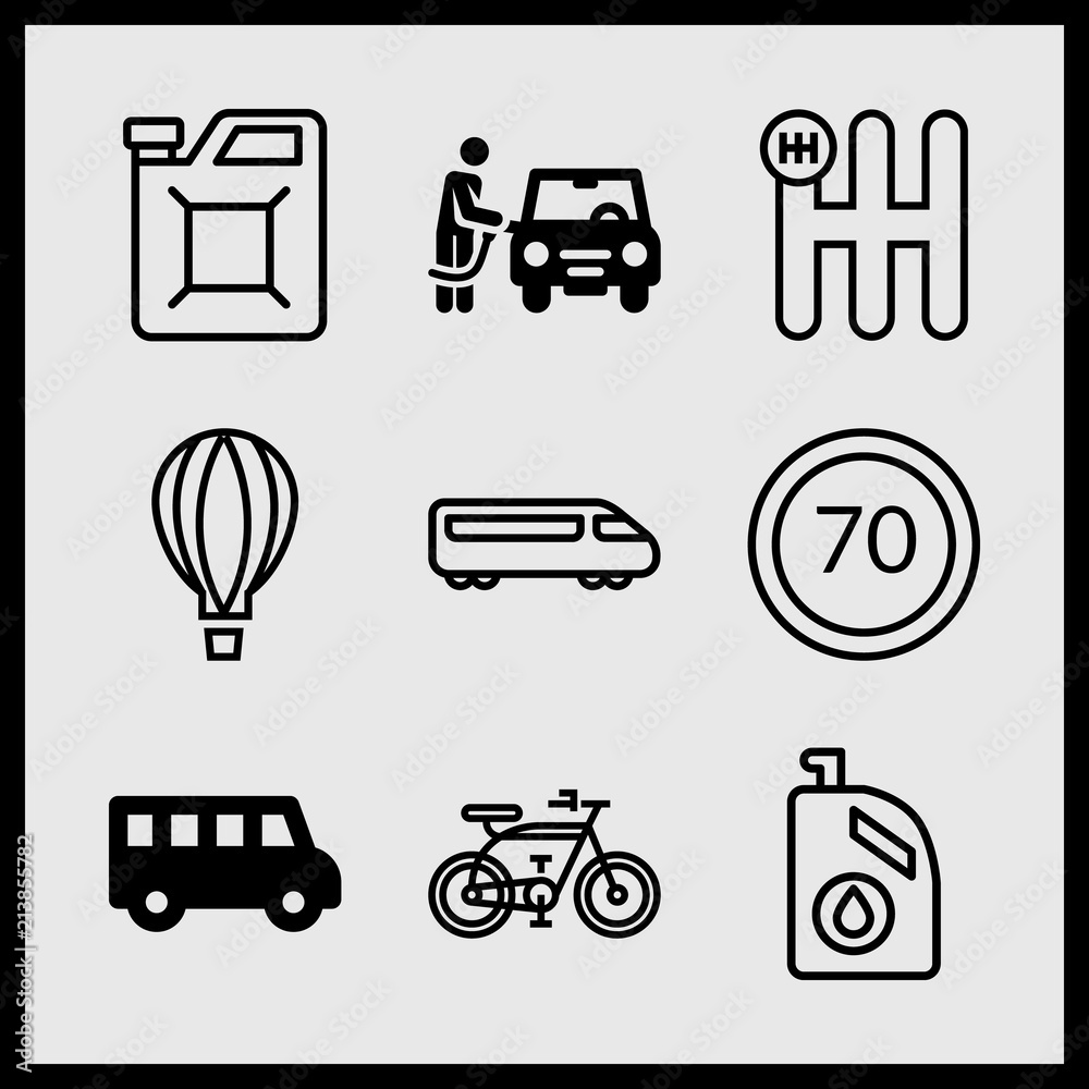 Simple 9 icon set of car related fuel, gear, school bus and bicycle vector icons. Collection Illustration Simple 9 icon set of car related fuel, gear, school bus and bicycle vector icons. Collection Illustration