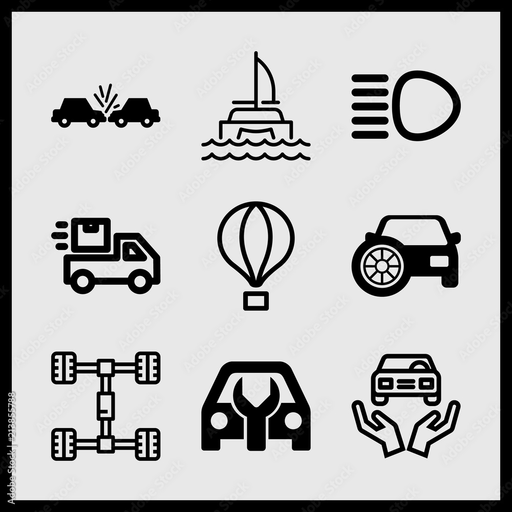 Simple 9 icon set of car related chassis, high beam, hot air balloon and catamaran vector icons. Collection Illustration Simple 9 icon set of car related chassis, high beam, hot air balloon and catamaran vector icons. Collection Illustration