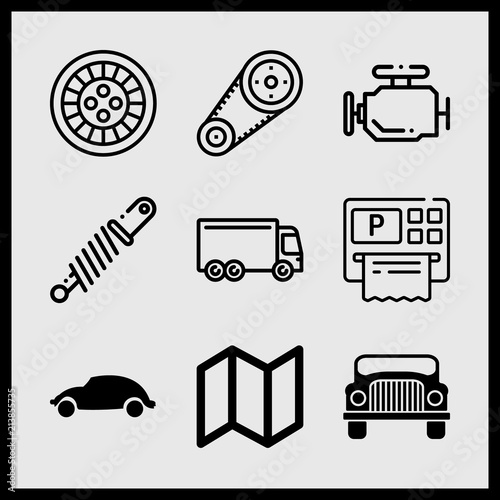 Simple 9 icon set of car related alloy wheel, parking, gear and rolls royce luxury car front vector icons. Collection Illustration photo