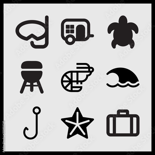 Simple 9 set of Summer related big turtle, starfish, car wagon and hook vector icons