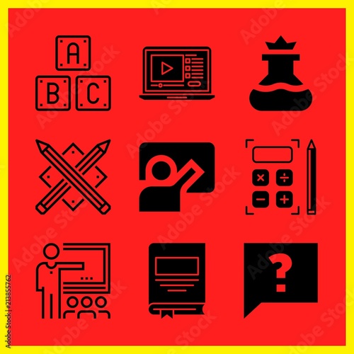 Simple 9 icon set of edication related classroom, book, lecture and flask vector icons. Collection Illustration
