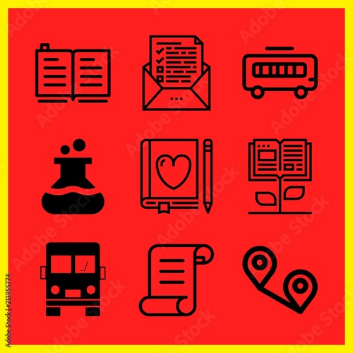 Simple 9 icon set of edication related distance, open book, book and school bus vector icons. Collection Illustration