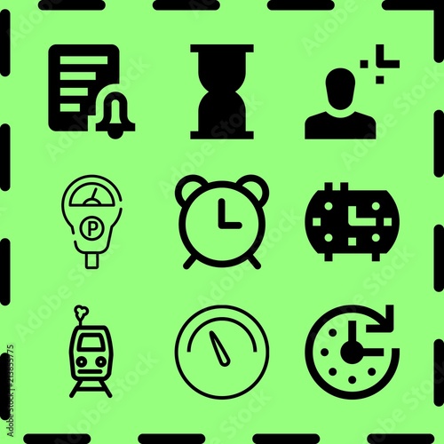 Simple 9 icon set of time related public transport, clock, alarm and parking meter vector icons. Collection Illustration