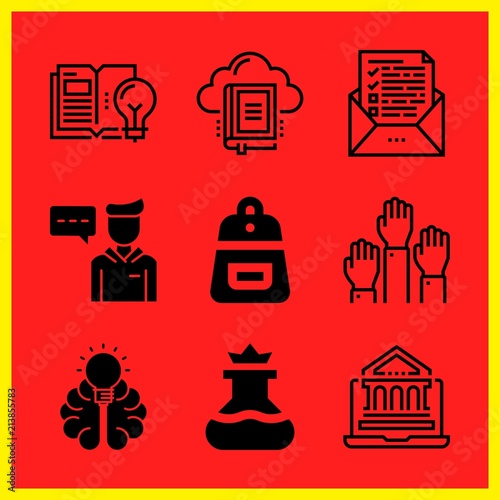 Simple 9 icon set of edication related flask, online education, backpack and knowledge vector icons. Collection Illustration