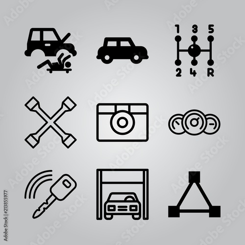 Simple 9 icon set of electronics related triangle, garage, photo camera and car repair vector icons. Collection Illustration