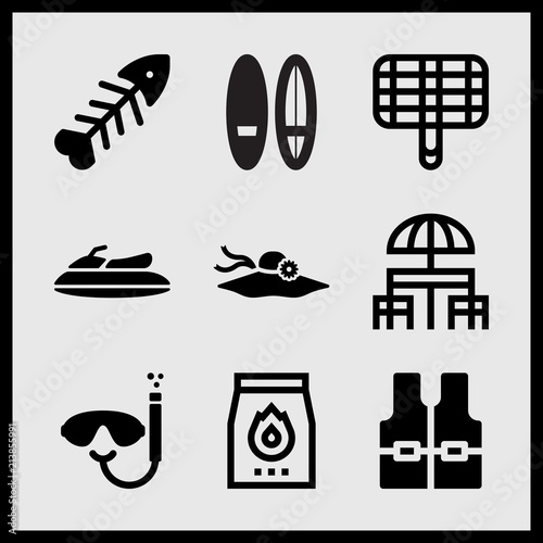 Simple 9 set of Summer related charcoal, two surfing boards, table and jet ski vector icons