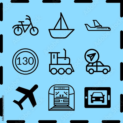 Simple 9 icon set of travel related speed limit, airplane, sailboat and car vector icons. Collection Illustration