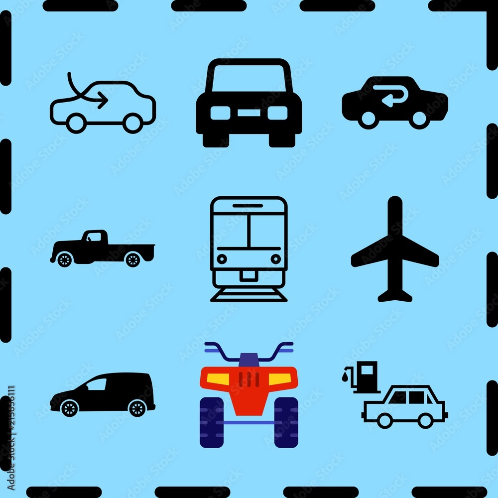 Simple 9 icon set of travel related old pickup, car at gas station, plane and car vector icons. Collection Illustration Simple 9 icon set of travel related old pickup, car at gas station, plane and car vector icons. Collection Illustration
