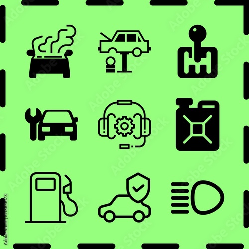 Simple 9 icon set of service related headset, breakdown, gearshift and gas pump vector icons. Collection Illustration