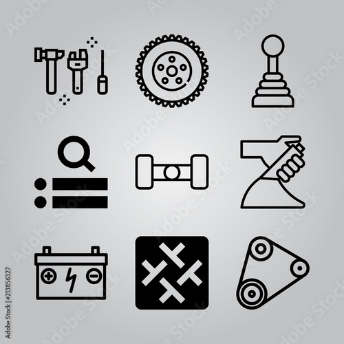 Simple 9 icon set of electronics related gearbox, search engine, car parts and timing belt vector icons. Collection Illustration