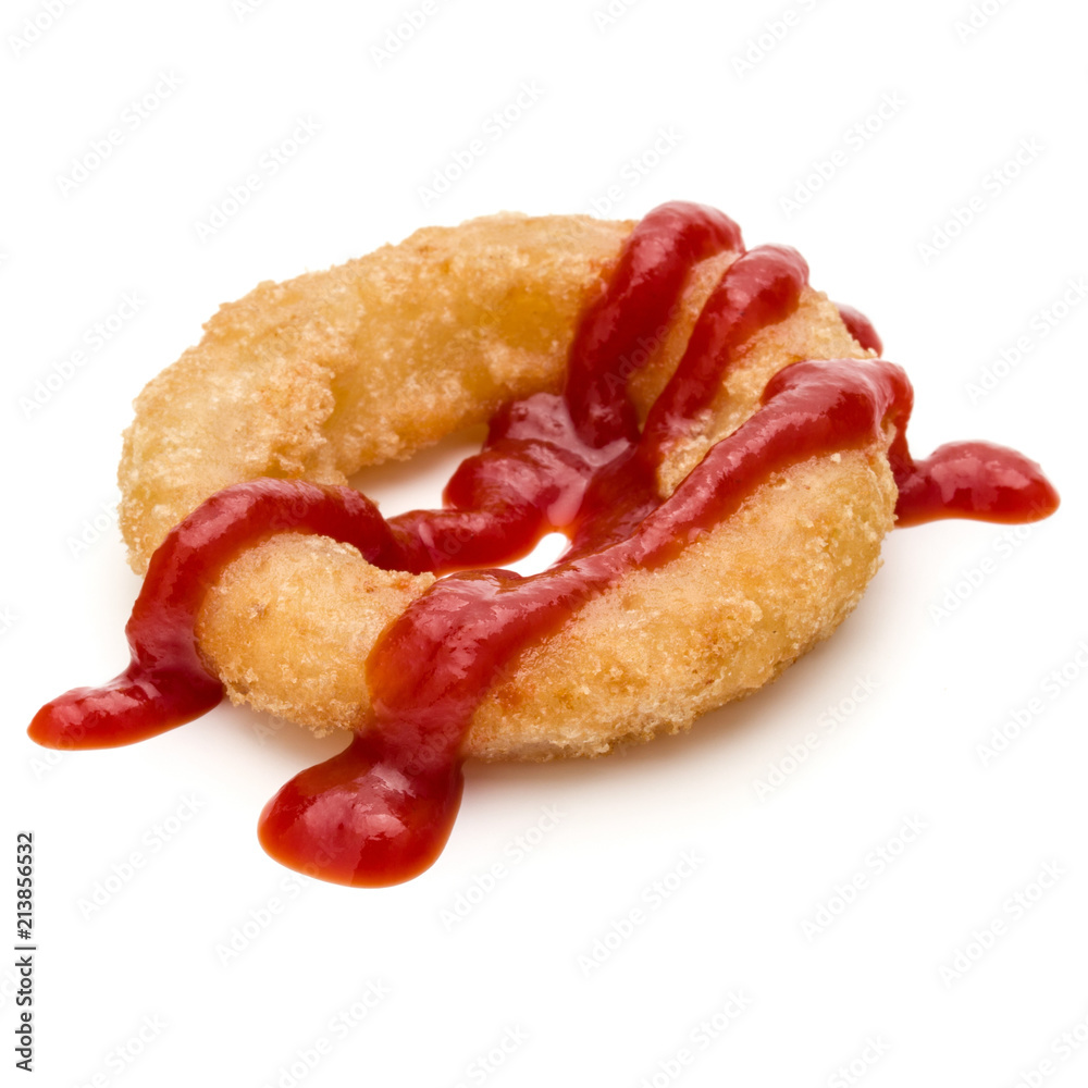 Crispy deep fried onion or Calamari ring with ketchup isolated on white background Crispy deep fried onion or Calamari ring with ketchup isolated on white background