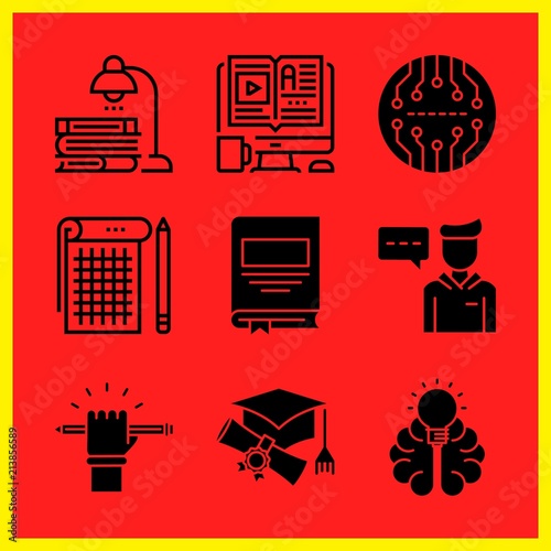 Simple 9 icon set of edication related notebook, board, knowledge and graduation vector icons. Collection Illustration