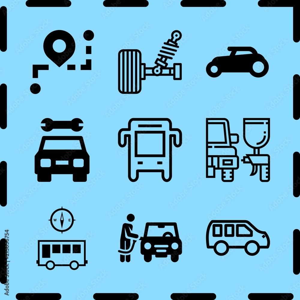 Simple 9 icon set of travel related route, car, wide rear wheel car and car vector icons. Collection Illustration Simple 9 icon set of travel related route, car, wide rear wheel car and car vector icons. Collection Illustration