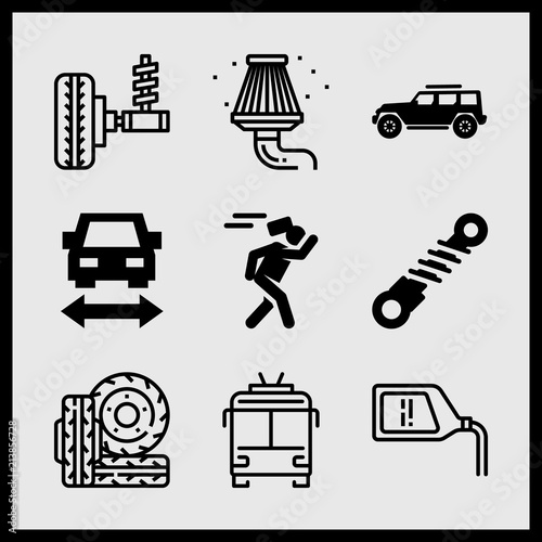 Simple 9 icon set of car related car repair, wheel, accident and car vector icons. Collection Illustration