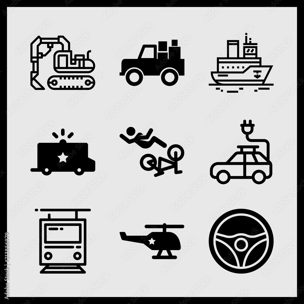 Simple 9 icon set of car related helicopter, police van, electric car and tram vector icons. Collection Illustration Simple 9 icon set of car related helicopter, police van, electric car and tram vector icons. Collection Illustration