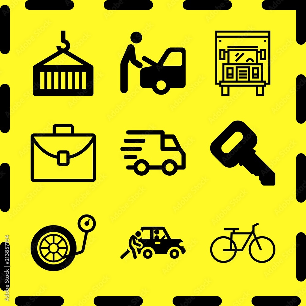 Simple 9 icon set of business related car breakdown, bicycle ecological transport, crane and delivery vector icons. Collection Illustration Simple 9 icon set of business related car breakdown, bicycle ecological transport, crane and delivery vector icons. Collection Illustration